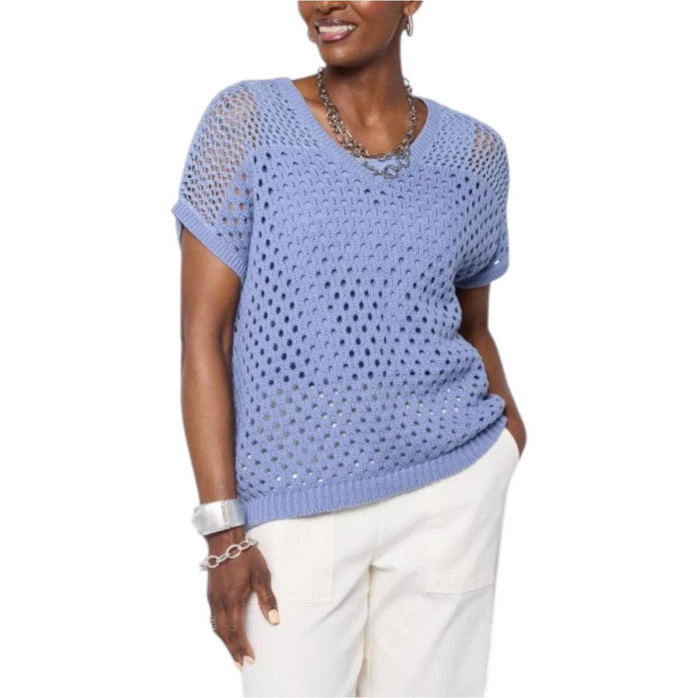 WynneLayers Women's Cap-Sleeve Open-Stitch V-Neck Sweater Stone Blue - Regular